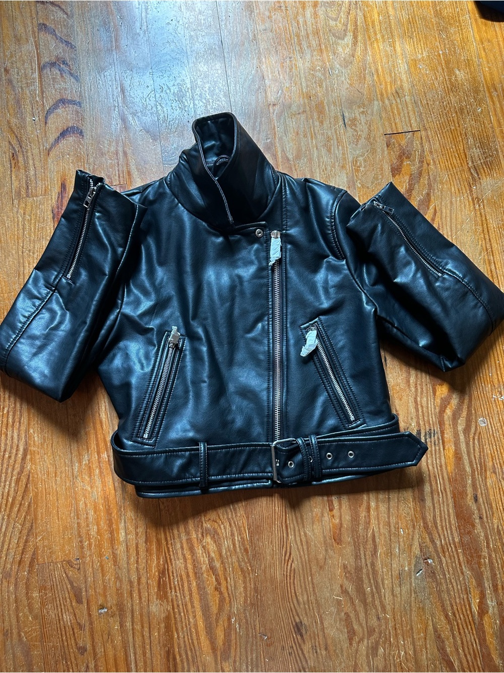 Zara Black Cropped Faux Leather Biker Jacket with Belted Waist